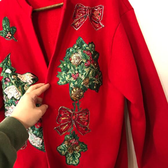 VTG 90s Girardin Christmas Cardinal Sweatshirt Cardigan L Glitter Appliqué USA - Picture 4 of 13